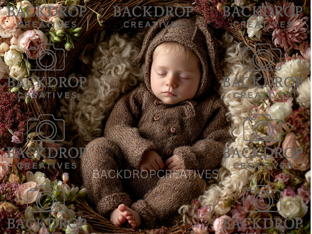 Boho Baby Basket Flower Digital Backdrop Set, Newborn Overlay Props, Newborn Backdrops, Photoshop Overlays, Floral Backgrounds
