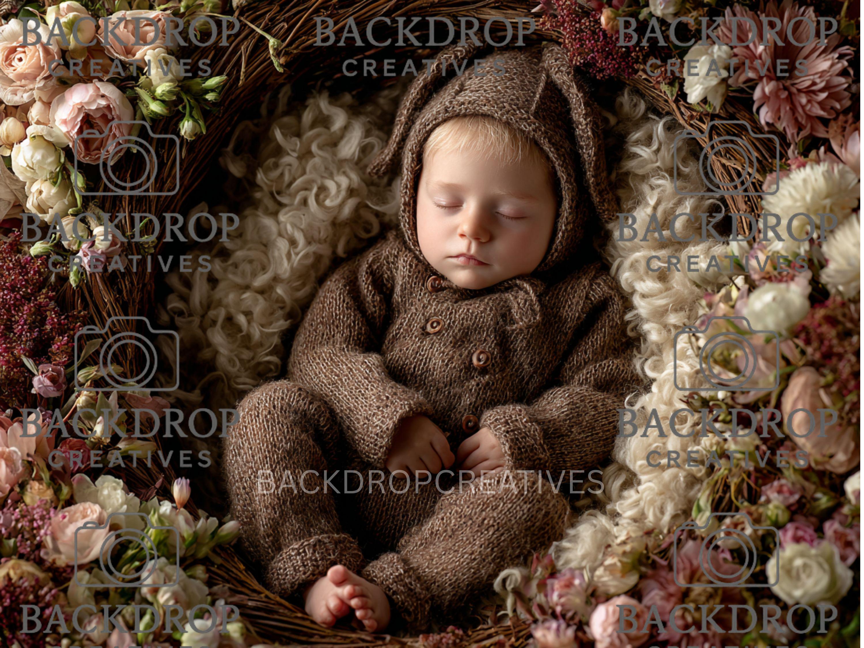 Boho Baby Basket Flower Digital Backdrop Set, Newborn Overlay Props, Newborn Backdrops, Photoshop Overlays, Floral Backgrounds