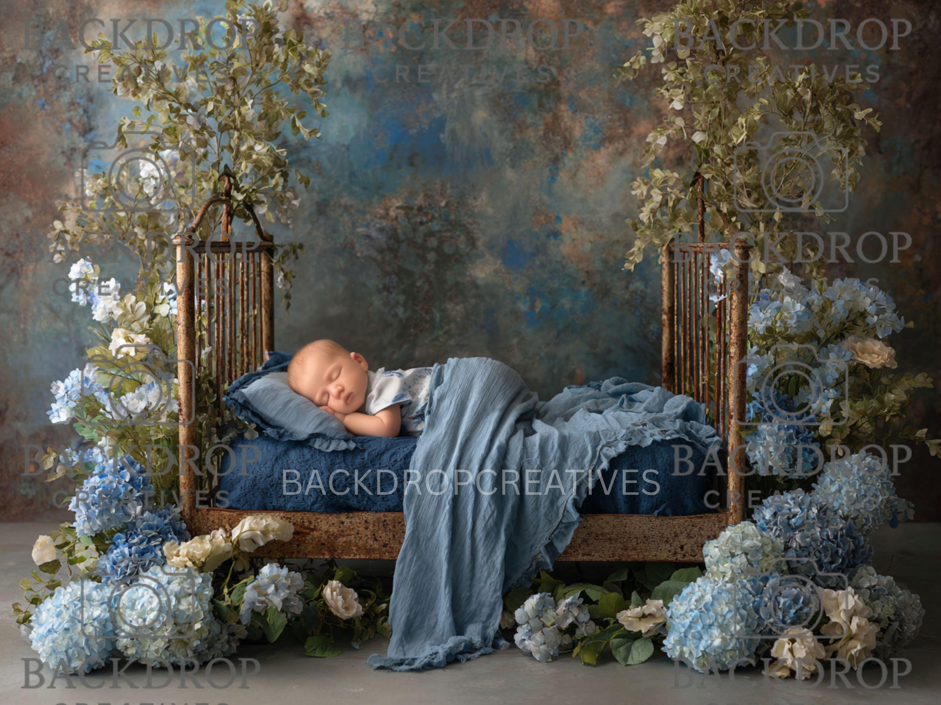 Iron Baby Blue Flower Bed 8 Digital Backdrop, Newborn Background, Baby Backdrop, Newborn Backdrops, Photoshop Background