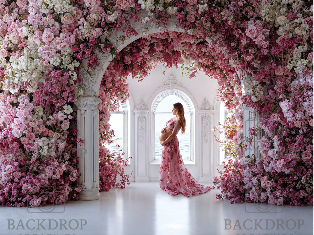 Baby Pink Flower Arch Digital Background Set | Maternity Bundle Backdrop | Baby Girl Shower