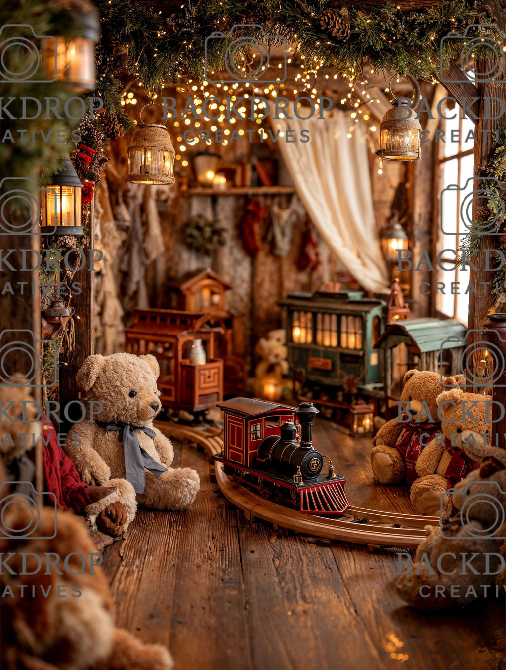 Santa Workshop Set Digital Backdrop, Photoshop Background Bundle, Christmas Photo, Studio Overlays