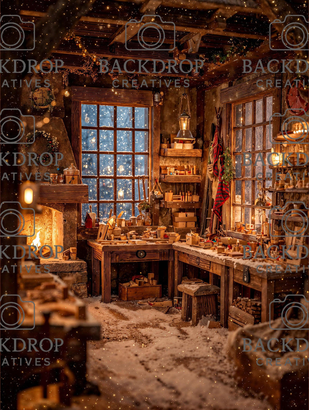 Santa Workshop Set Digital Backdrop, Photoshop Background Bundle, Christmas Photo, Studio Overlays