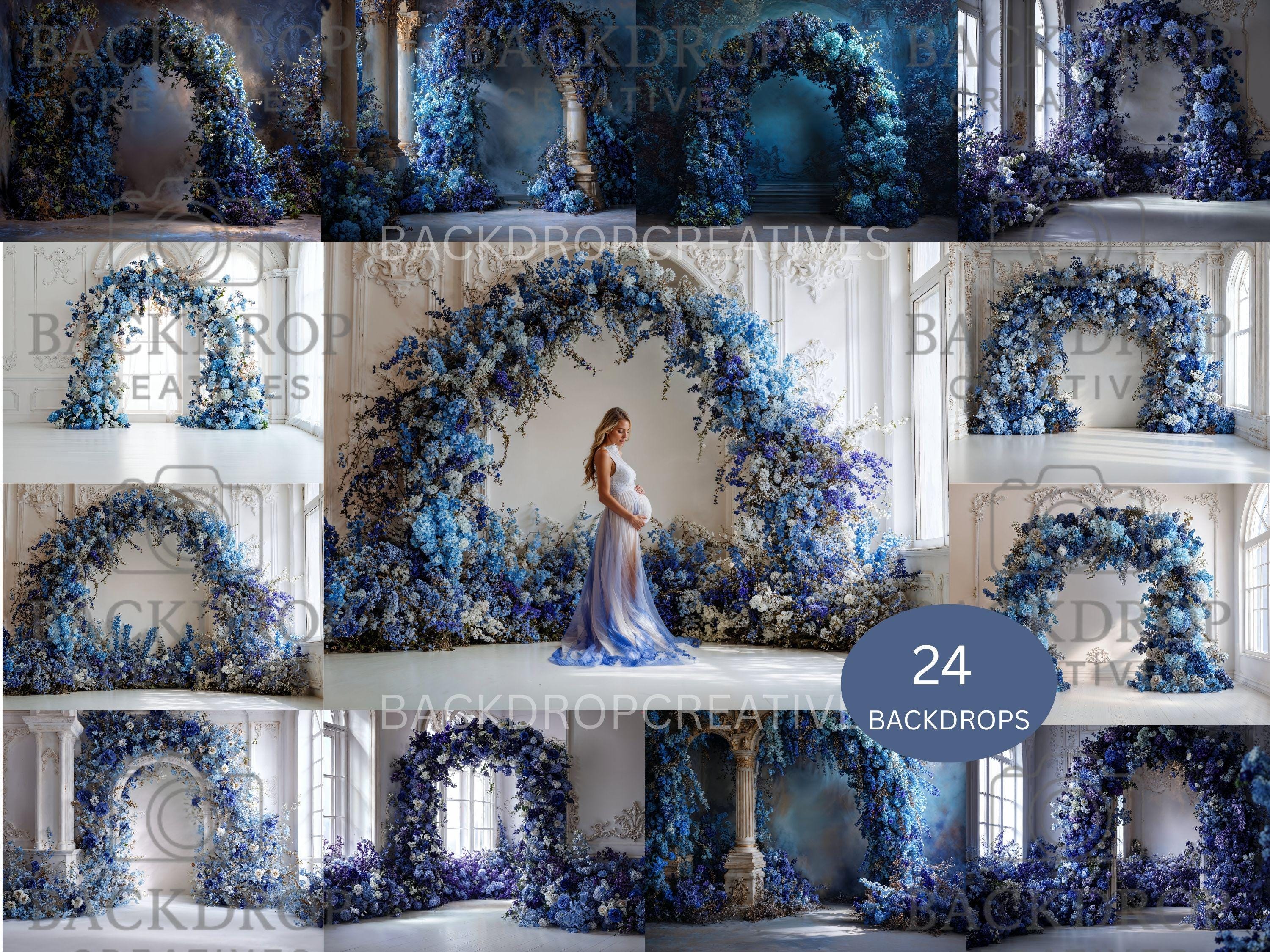 Blue Floral Arch Backdrop Bundle | Luxury Flower Arch Digital Backgrounds | Maternity, Wedding, Portrait Photography