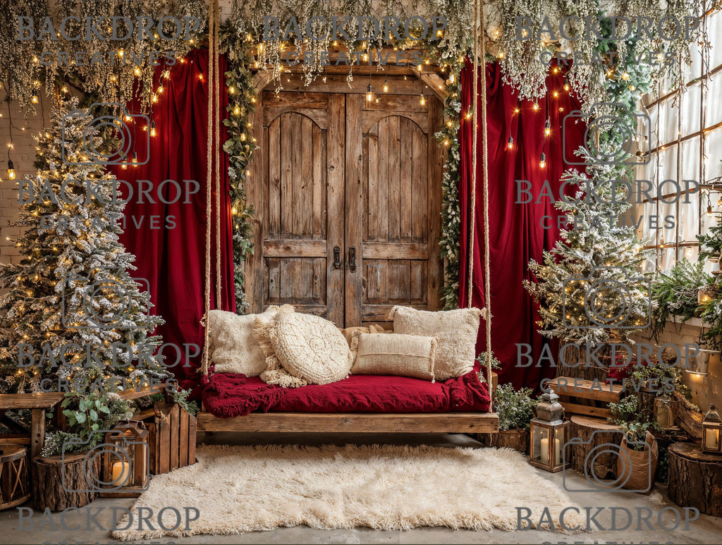 Red Christmas Backdrop | Christmas Swing Backdrop | Christmas Party Decor | Holiday Photo Booth Christmas Backdrop (Digital Download)