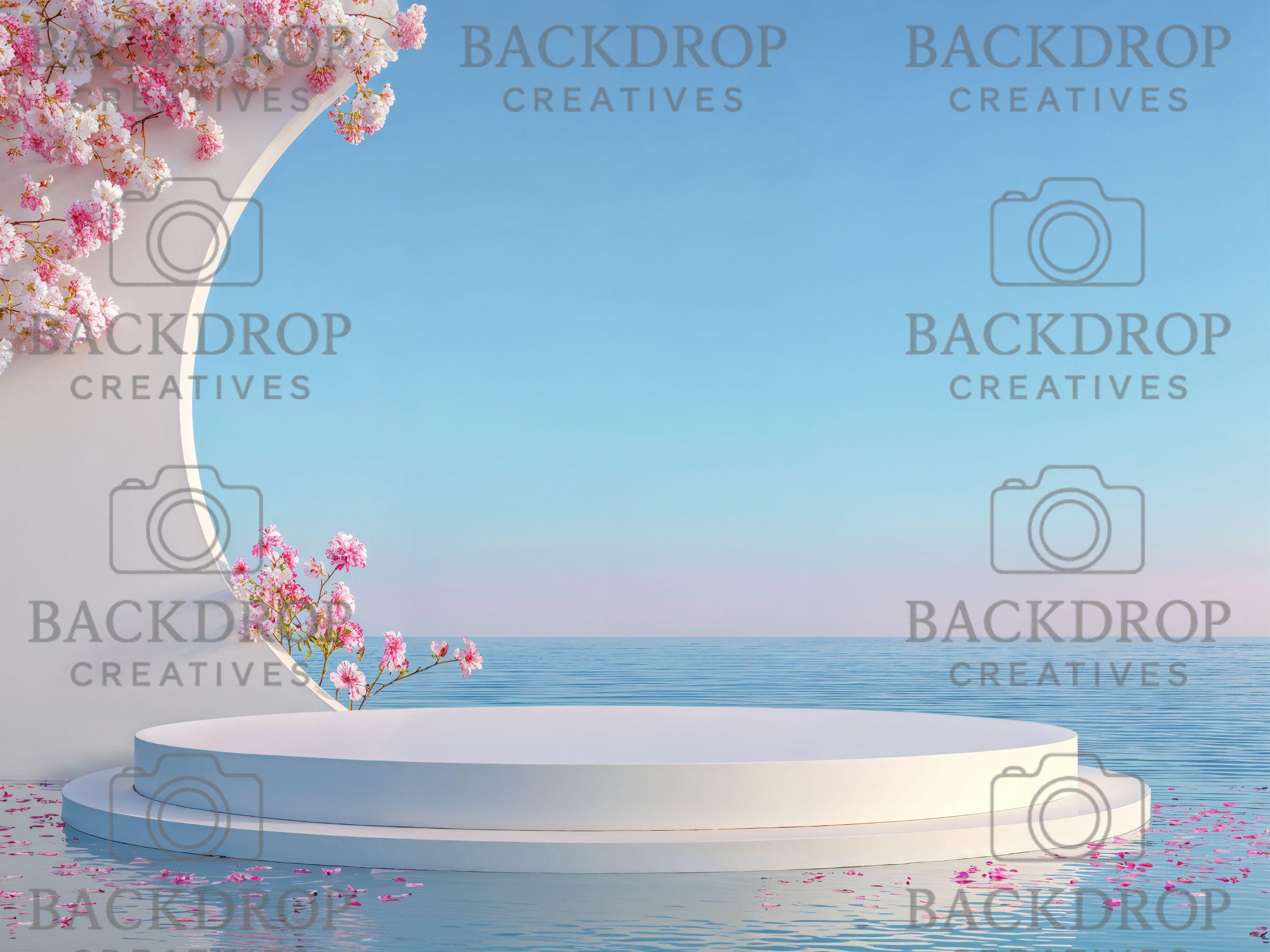 Water Podium Digital Backdrops Bundle – Pastel Ocean Sunset, Circular Arch Podium Stage & Cherry Blossom | Wedding, Maternity, Portrait