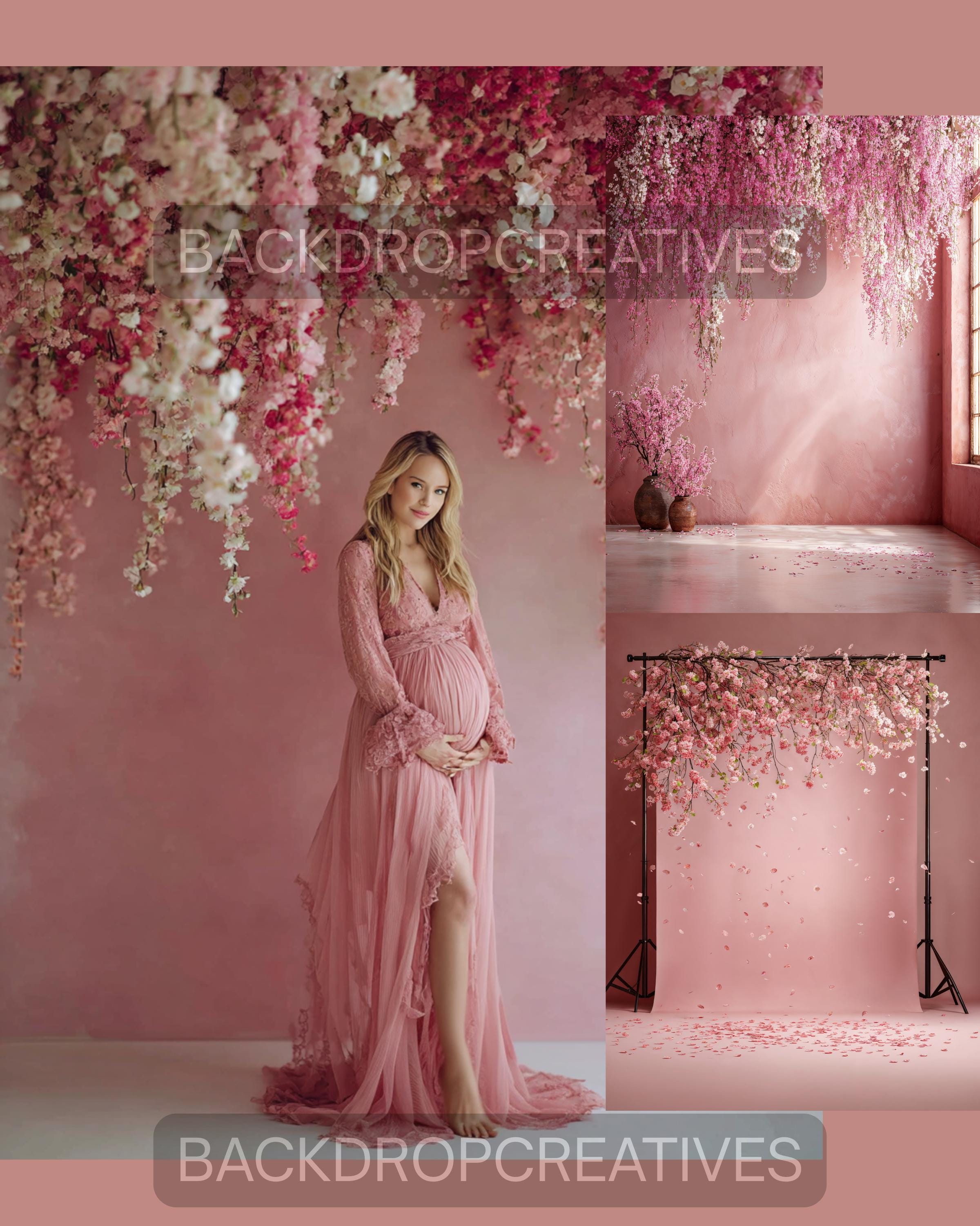 Pink Floral Digital Backdrops Set – Maternity Studio Backgrounds, Flower Blossom, Photoshop Overlays, Fine Art Textures