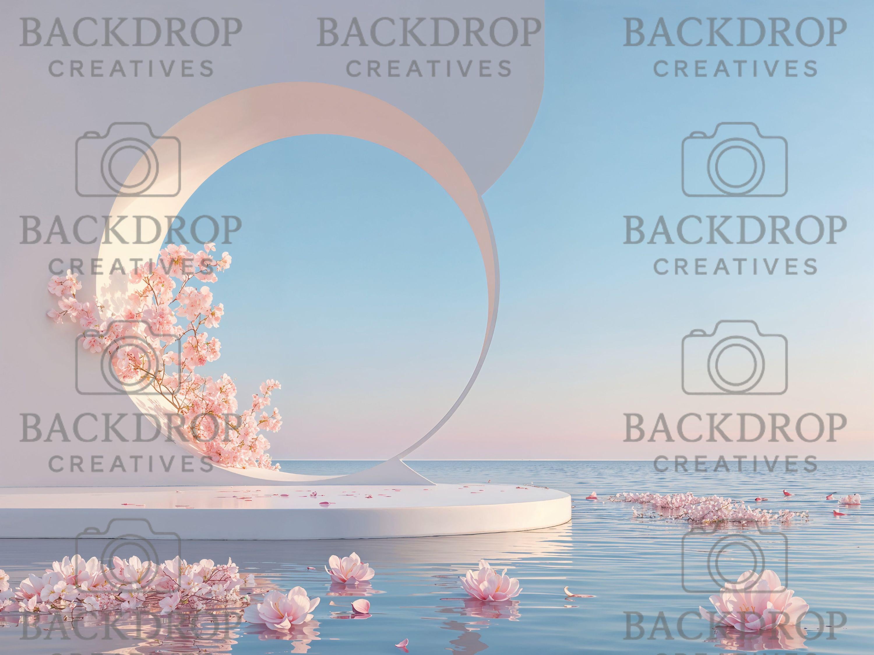 Water Podium Digital Backdrops Bundle – Pastel Ocean Sunset, Circular Arch Podium Stage & Cherry Blossom | Wedding, Maternity, Portrait